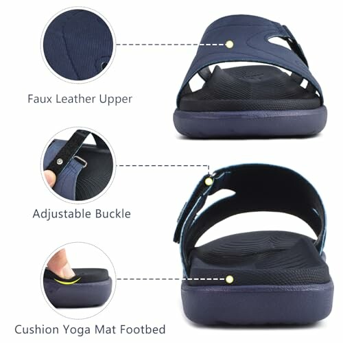 Features of sandals with faux leather upper, adjustable buckle, and cushion yoga mat footbed.