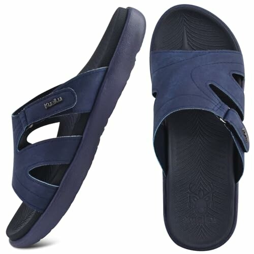 Blue sandals with open straps, top view.