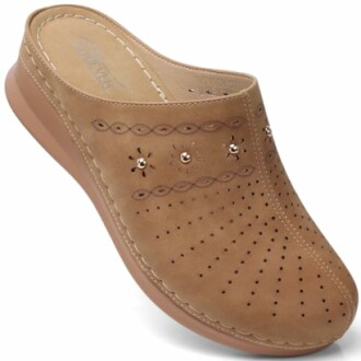 Brown leather clog with perforated design and embellishments.