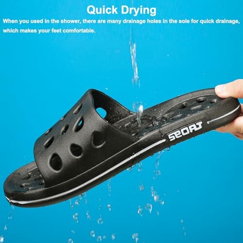 Quick drying black shower sandal with drainage holes.