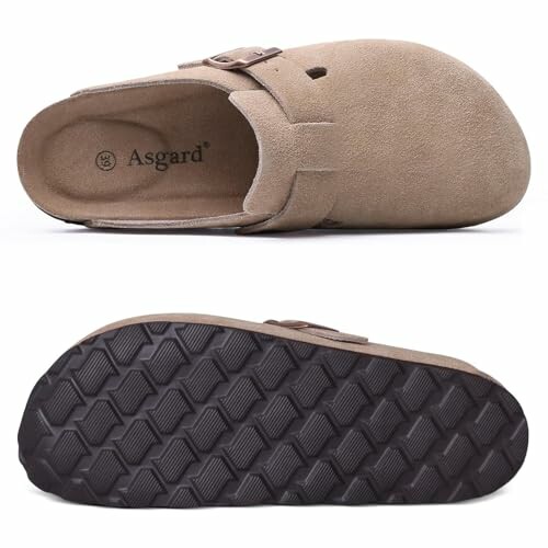 Tan suede slip-on clogs with textured sole